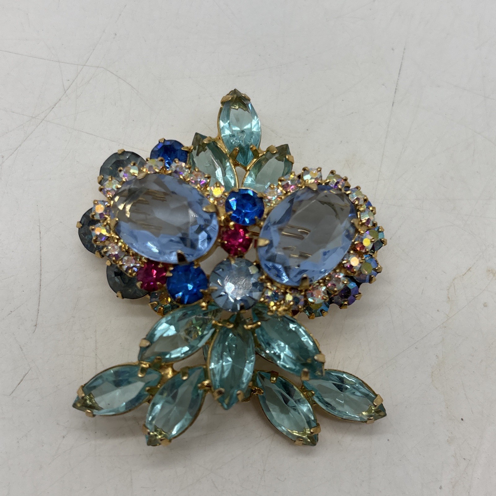 Juliana D&E Brooch/Pin OWL Aquamarine & Turquoise Rhinestone 2×2” Beautiful