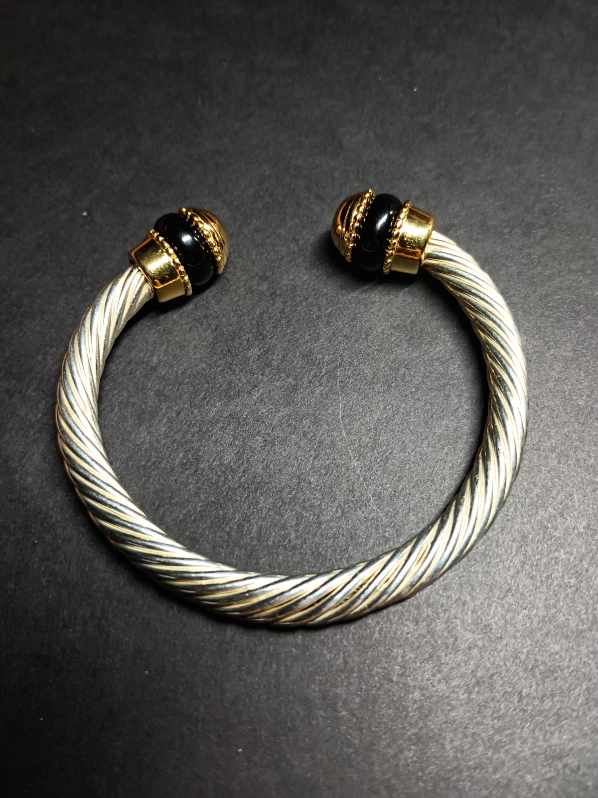 Twisted Cable Cuff Bracelet Interchangeable Screw Off Black Onyx Gold Tone 7mm