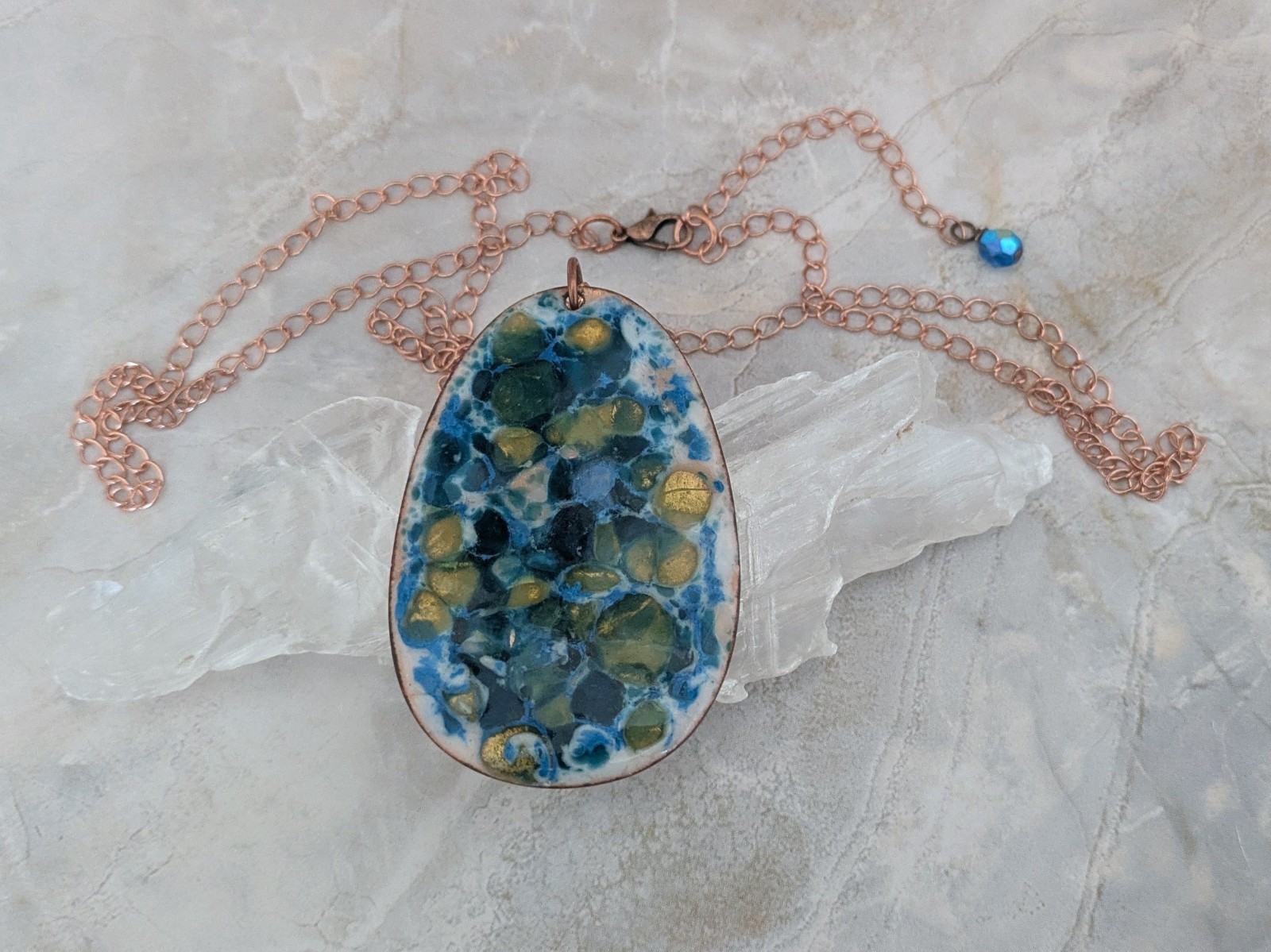 Vintage Enamel on Copper Turquoise Pendant Necklace, Mid Century Modern, 2.5″