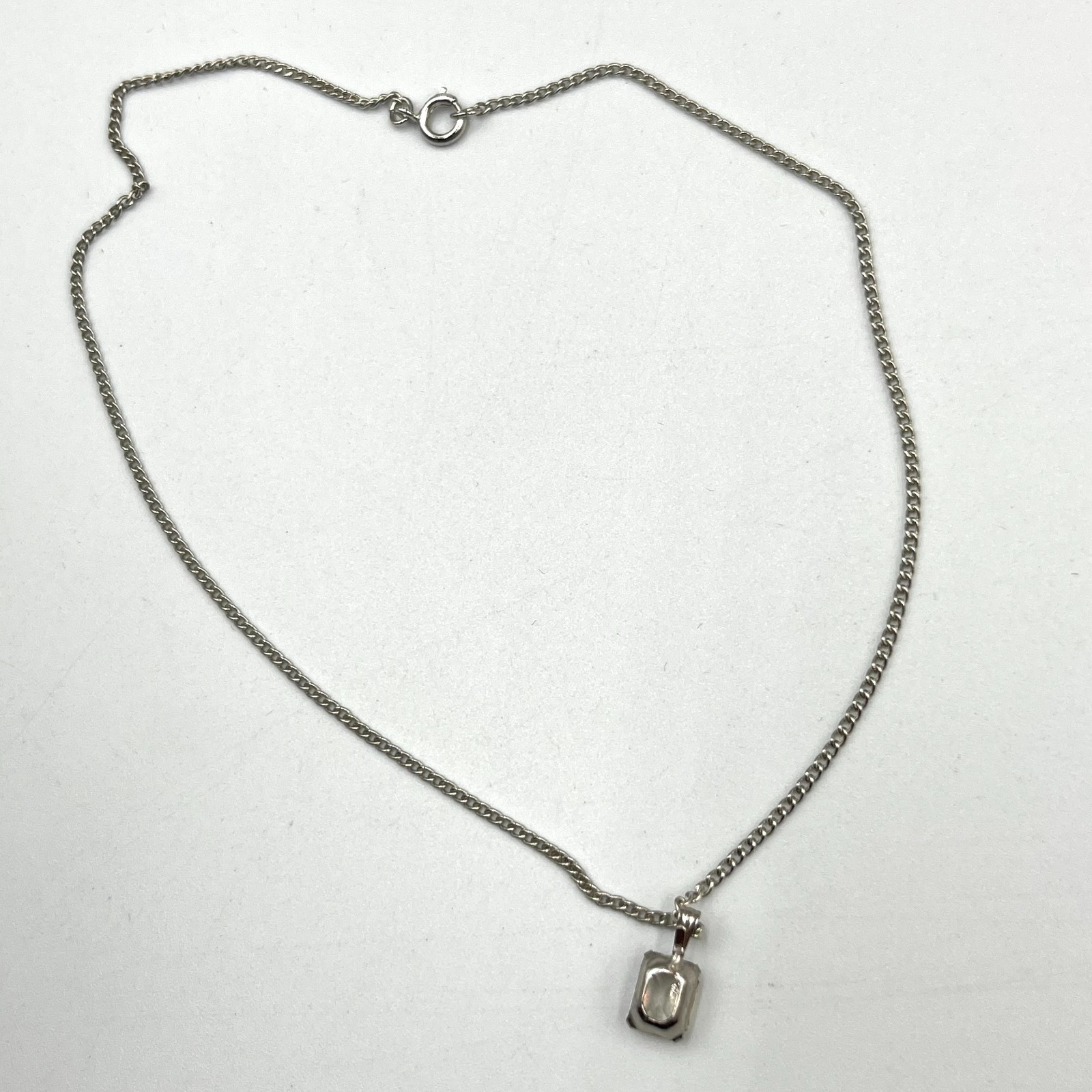VTG Silver Tone Emerald Cut Clear Crystal Solitaire Pendant Necklace Curb Chain