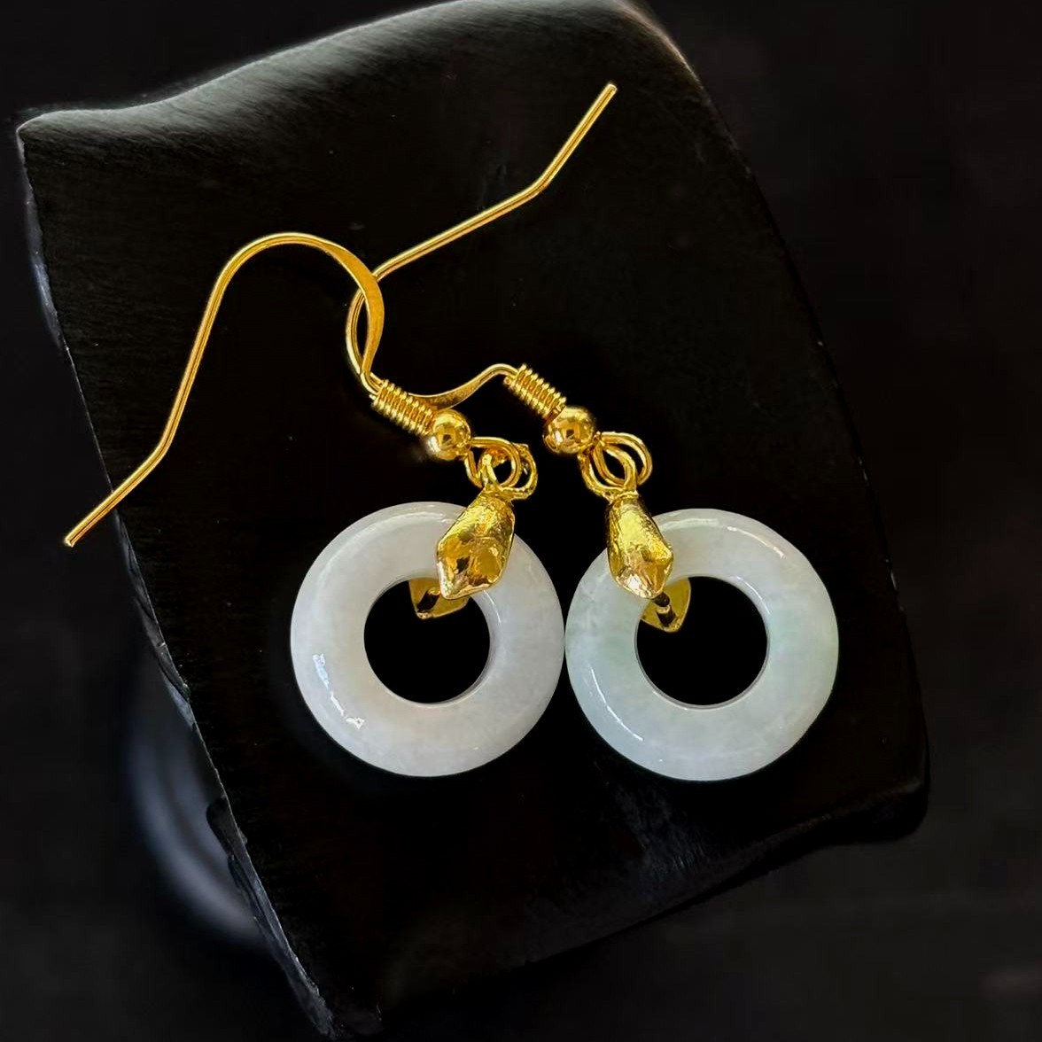 Natural White Jade Jadeite Rings Earrings Drop Dangle Gold-tone, 15x15x4mm
