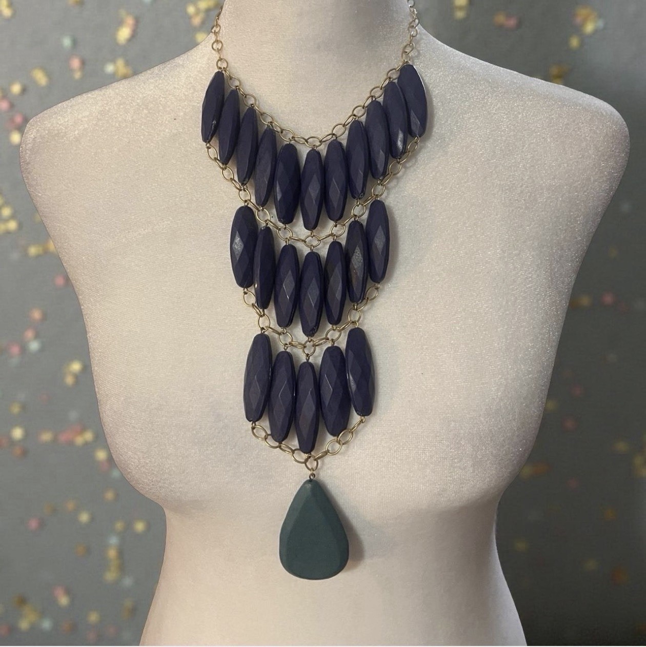Vintage Gold Chain with Dark Blue and Green Stone Pendant #Boho Style