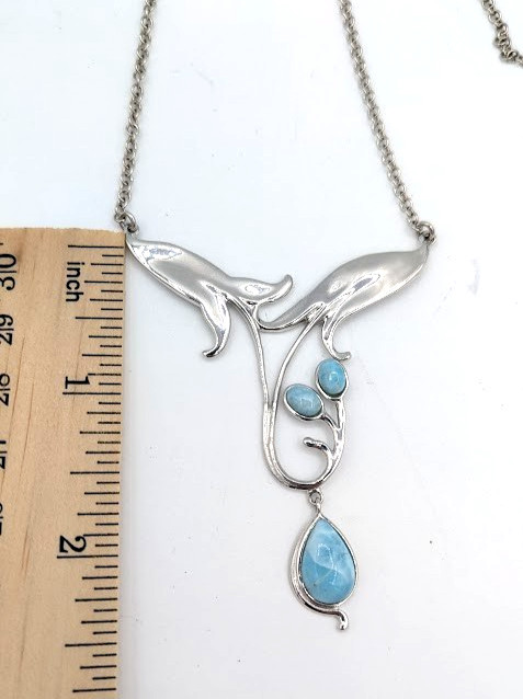 Vintage Floral Pendant Necklace Sterling Silver 925 Thailand Blue Glass
