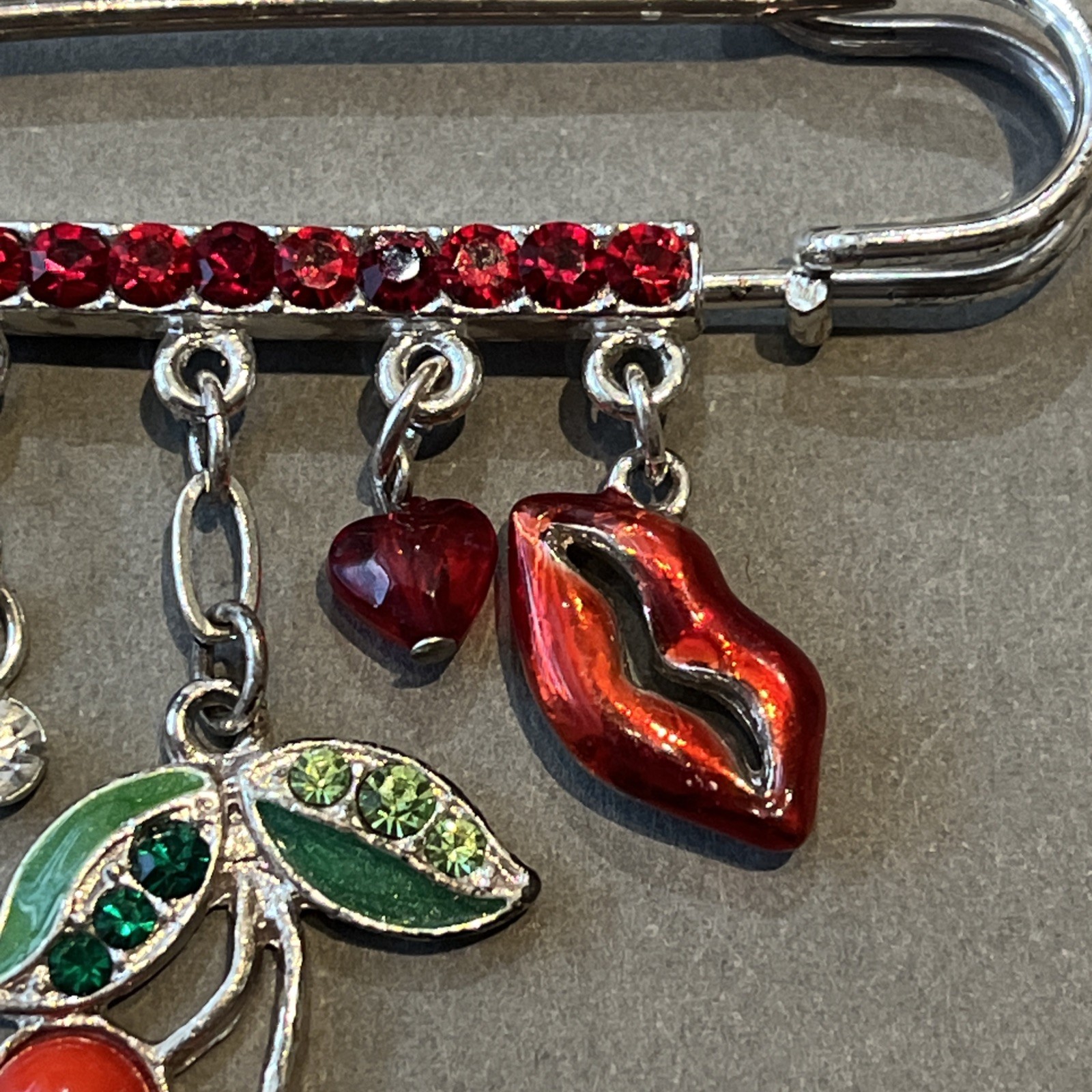 Vtg Lucky Charm Safety Pin Brooch Lips Heart Cherries Ladybug Nature Love & Luck