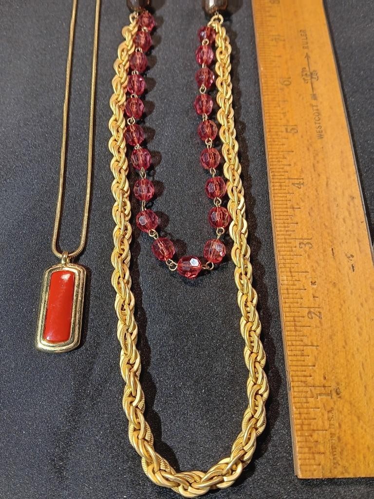 Two Vintage Gold Tone Necklaces Electric Red Pendant & Petal Rouge Bead J18