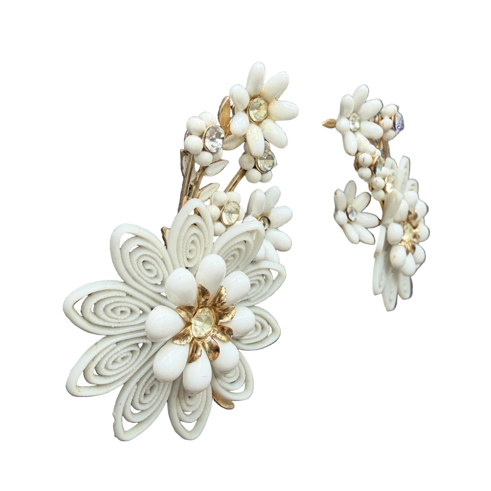 1950s Coro White Plastic Floral Bouquet Ear Climber Clip Earrings