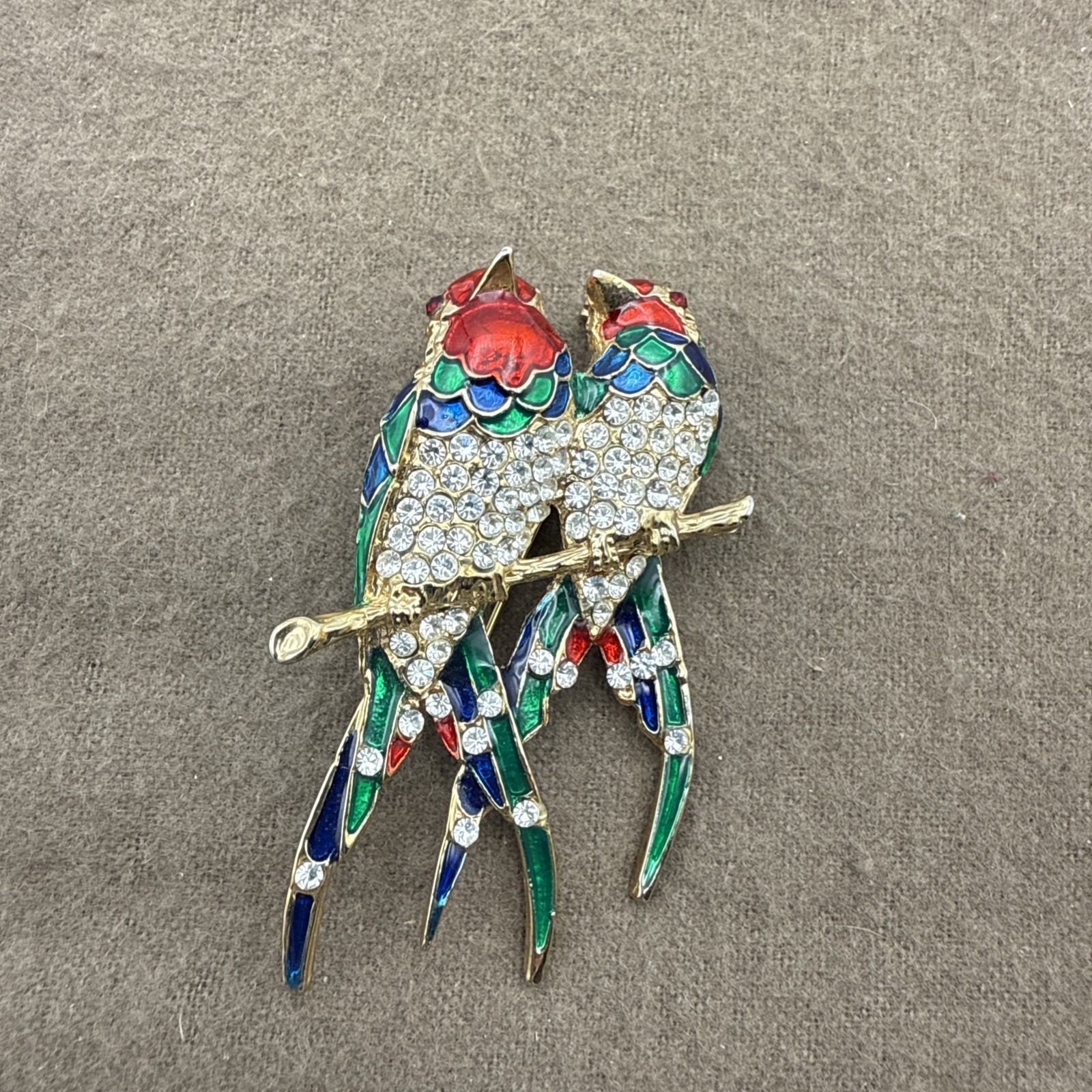 Vintage Enamel And Rhinestone Love Birds On A Branch Pin Brooch Gold Tone
