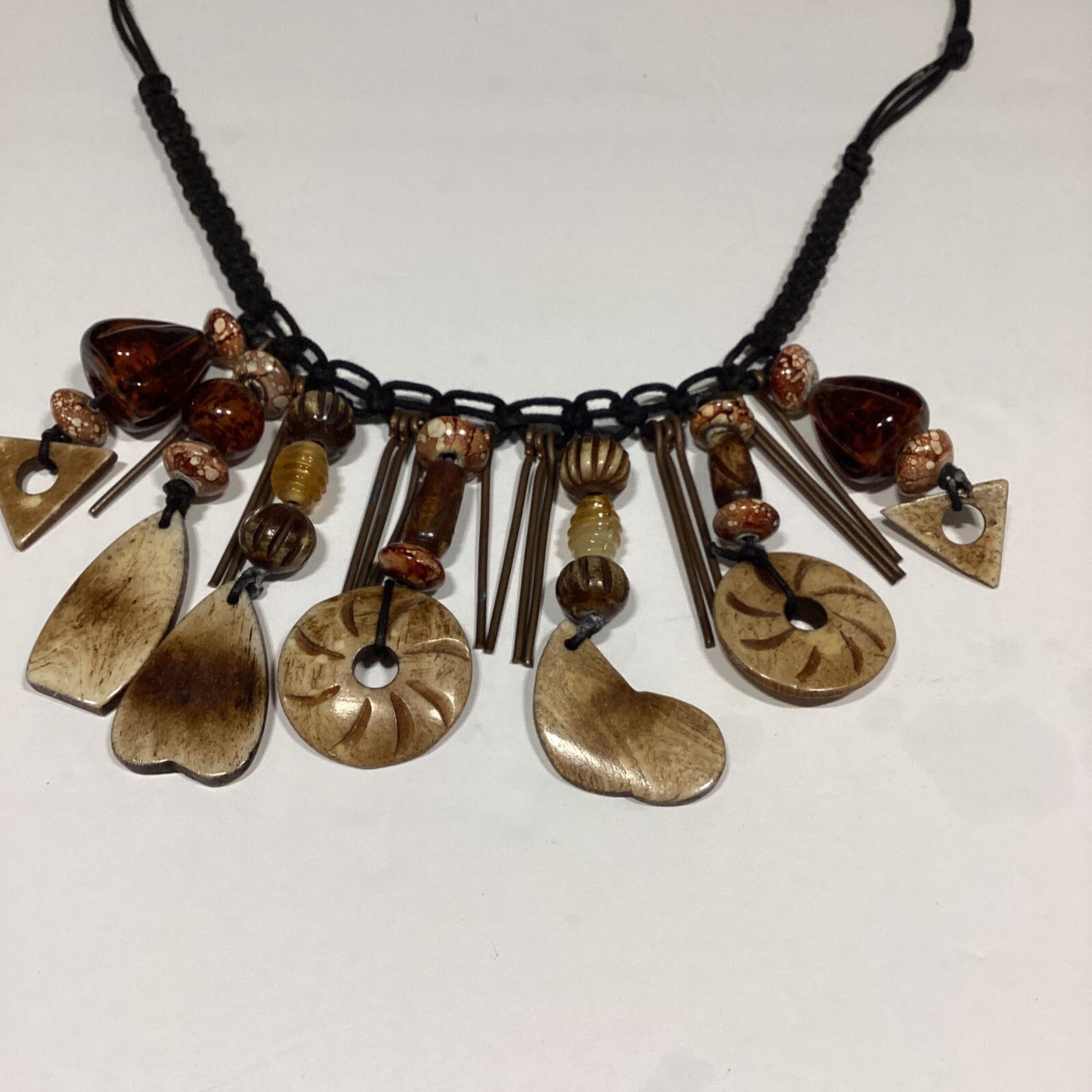 VTG African Rustic Carved Stone Earth Tone Beads Necklace Boho Cottage-core HTF