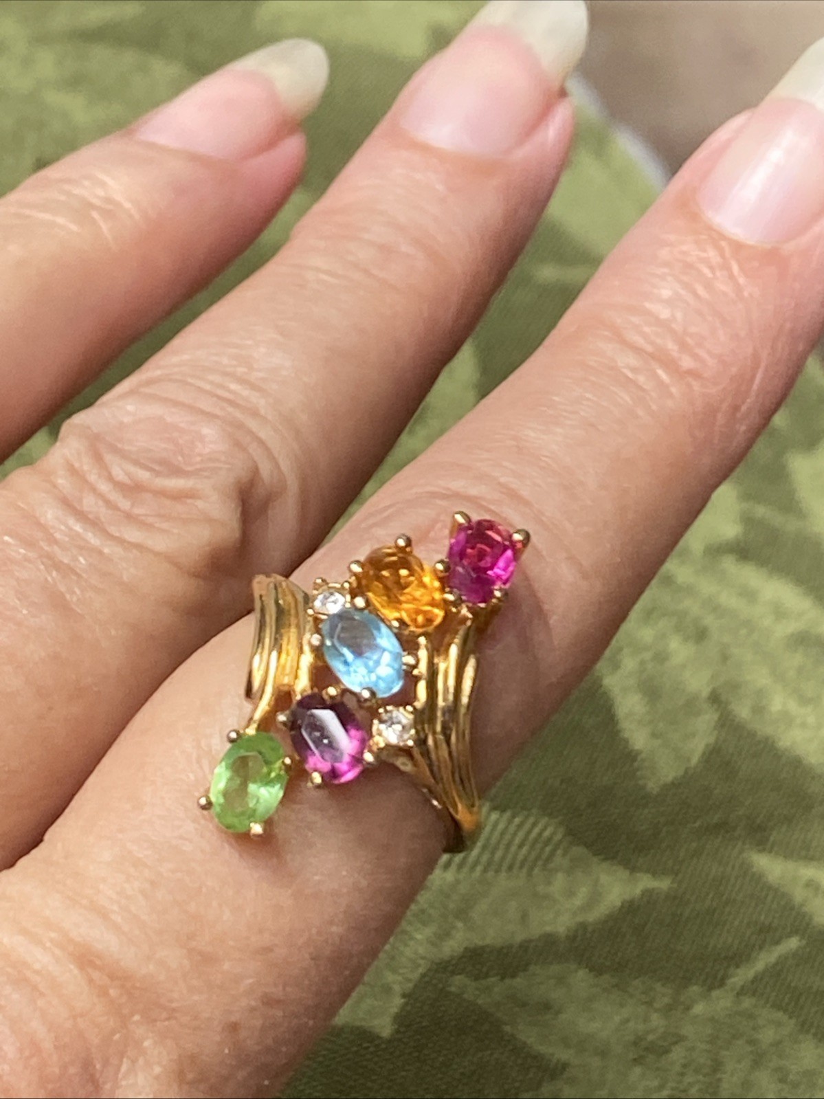 Vintage Mothers ring Sample Brass Gold Plated Multicolor Gemstone Band Size 7.75