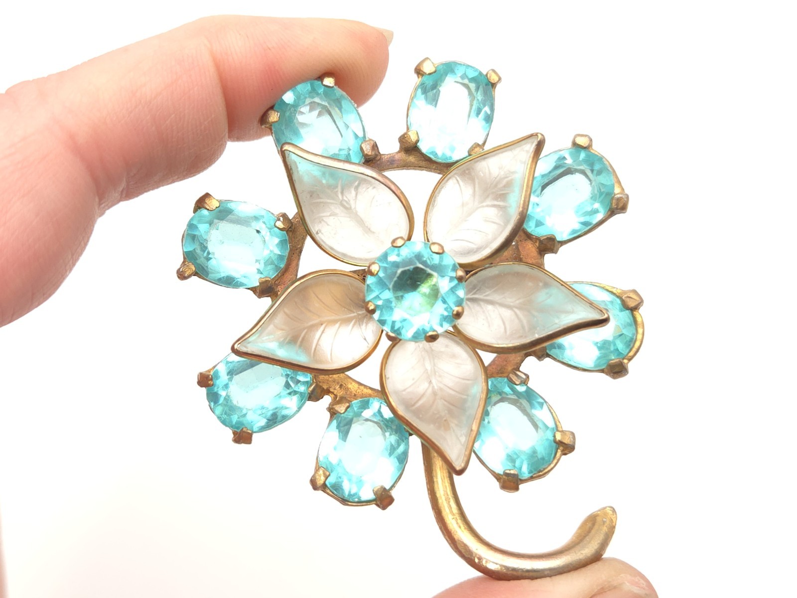 Vintage Art Deco Gold Gilt Aquamarine Blue Glass Paste Stone Flower Brooch Pin