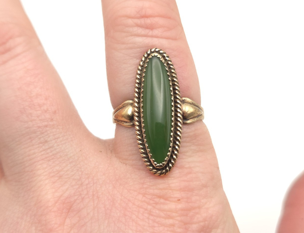 Vintage Sterling Gold Wash Signed JP Jane Popovich Navajo Elongated Jade Ring