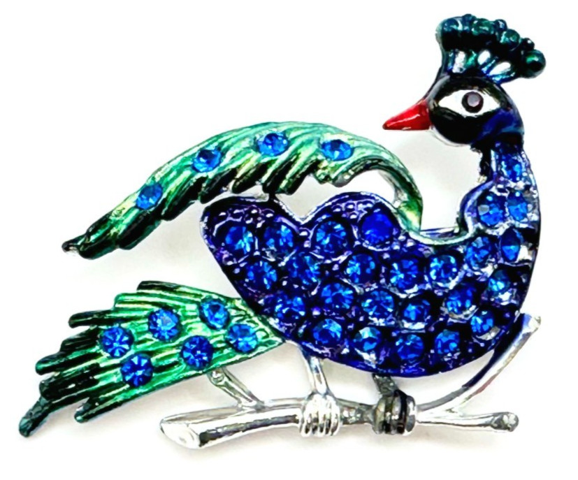 Silver Tone Multicolor Enamel & Cobalt Blue Rhinestones Peacock Brooch Vintage