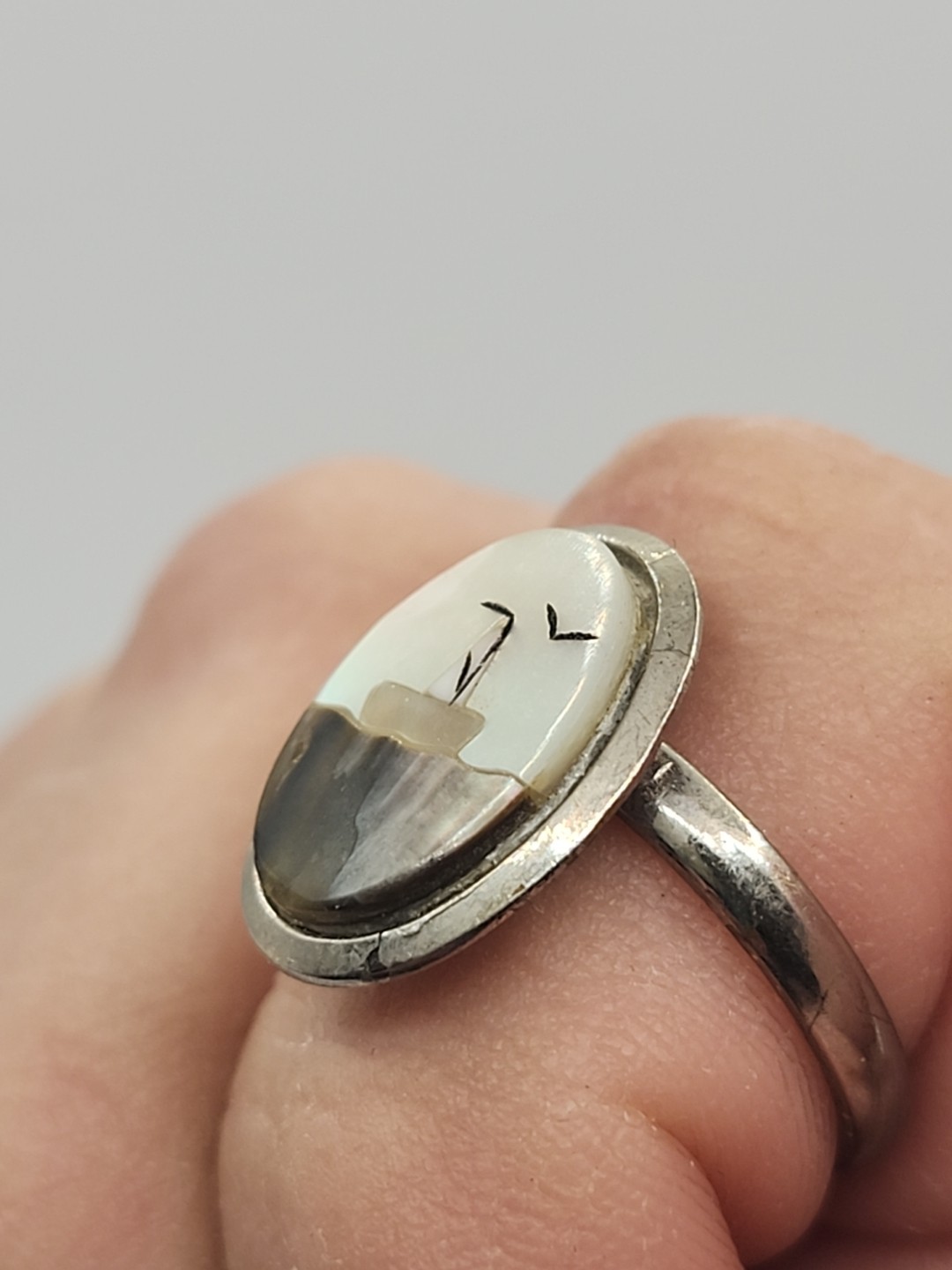 Stainless Steel Ring Inlaid Sail Boat Water Birds Vintage Mother of Pearl