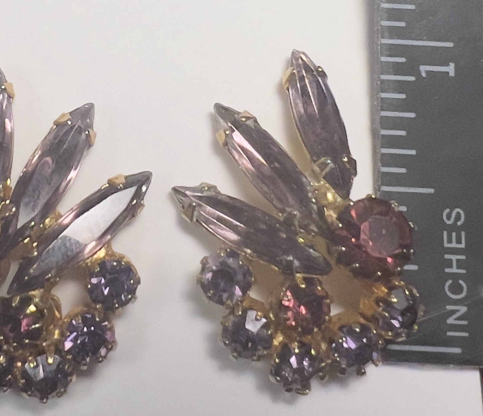 Vintage Rhinestones In Multiple Shades Of Purple Clip On Gold Tone Earrings
