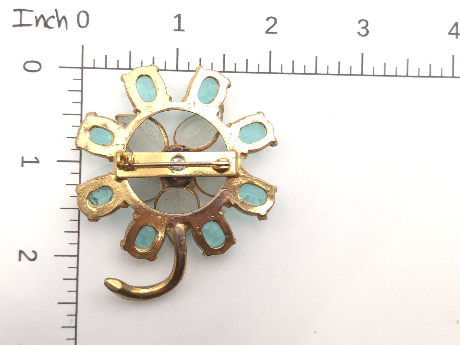 Vintage Art Deco Gold Gilt Aquamarine Blue Glass Paste Stone Flower Brooch Pin