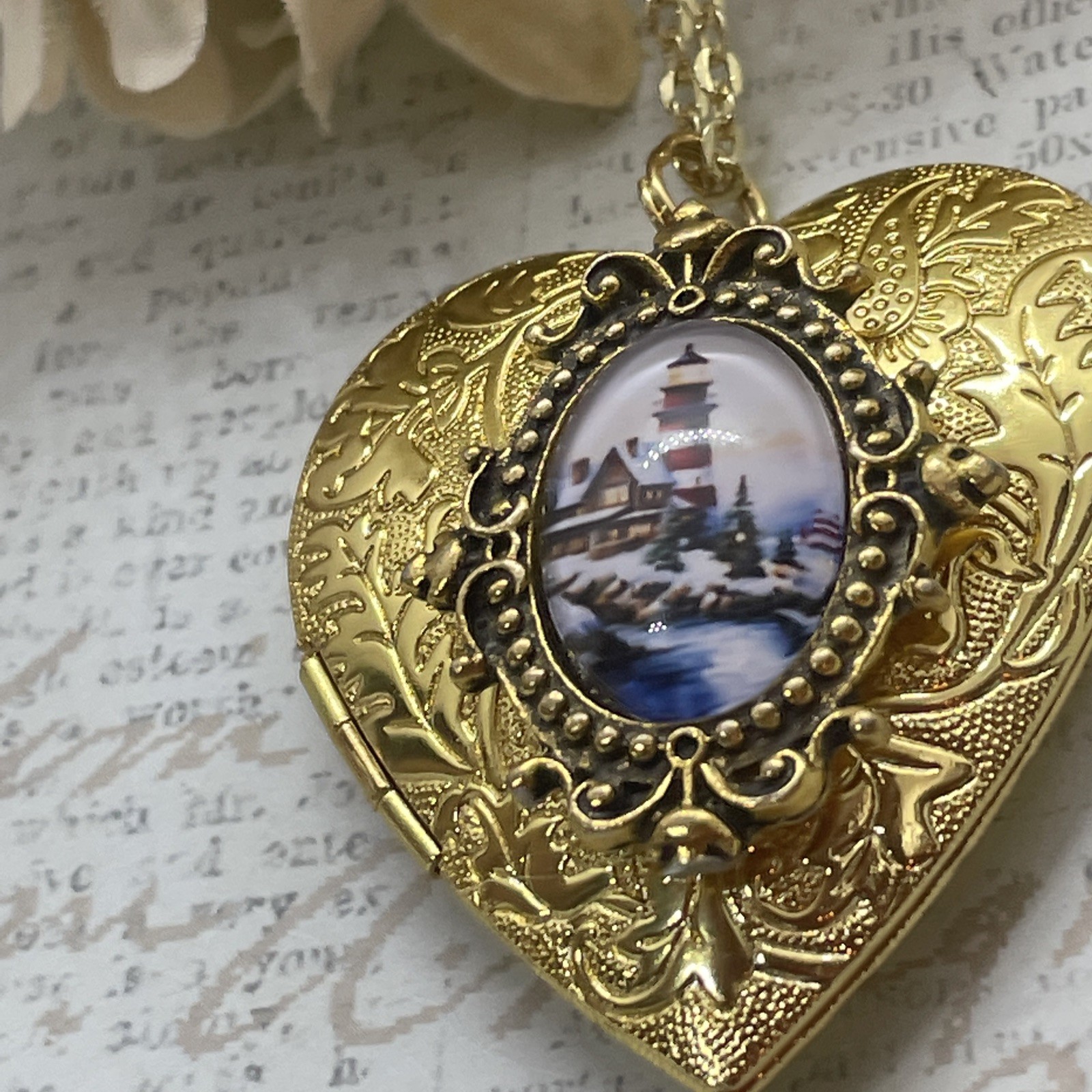 Gold Heart Locket Photo Lighthouse Cottage Sailor Birthday Anniversary Necklace