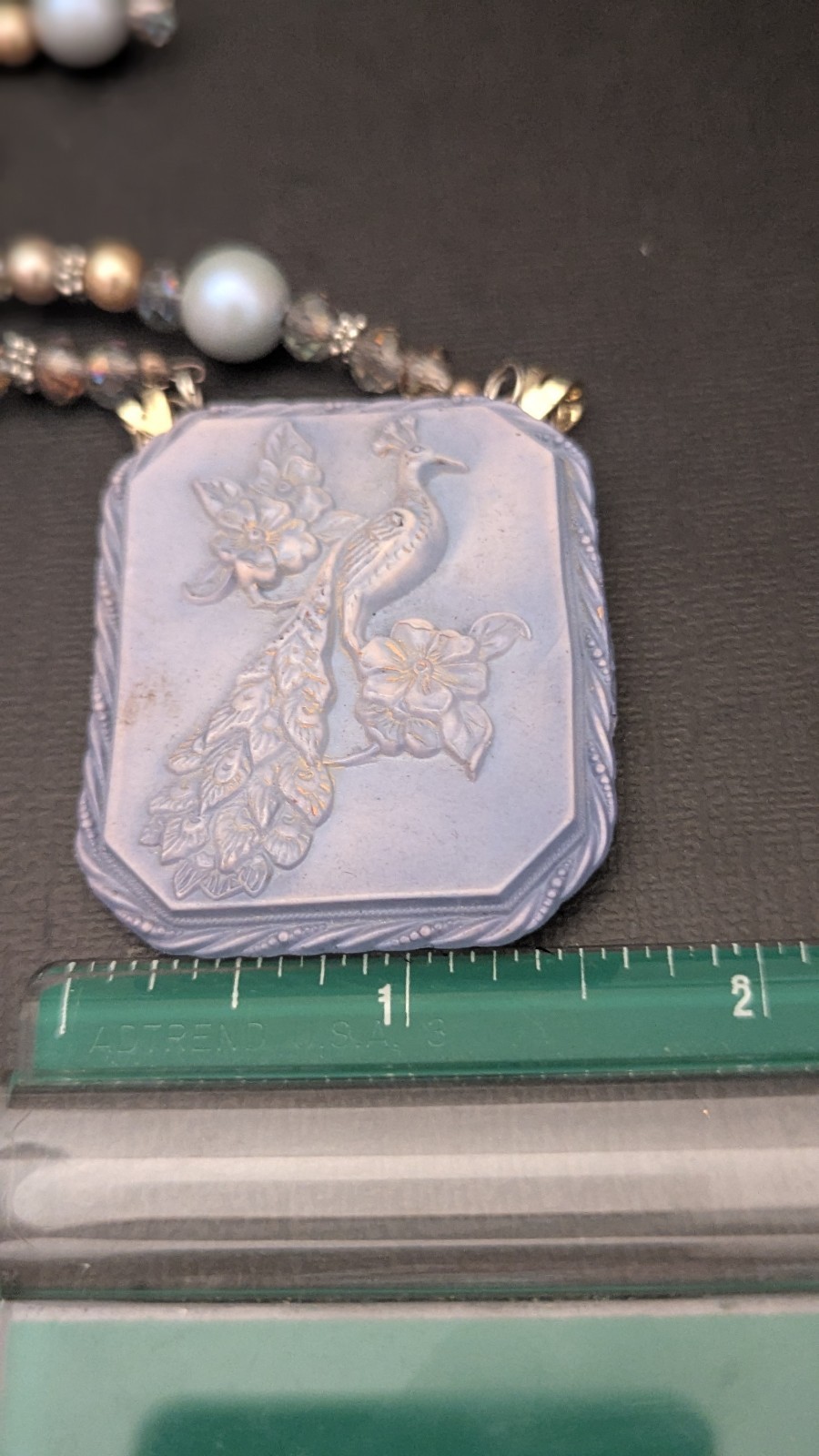 Vintage Light Blue Embossed Peacock Necklace – possibly Celluloid? With Earrings