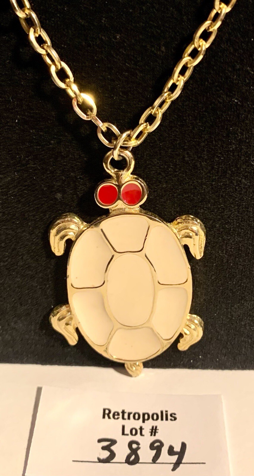 Enamel Turtle Necklace Gold Tone White & Red Vintage