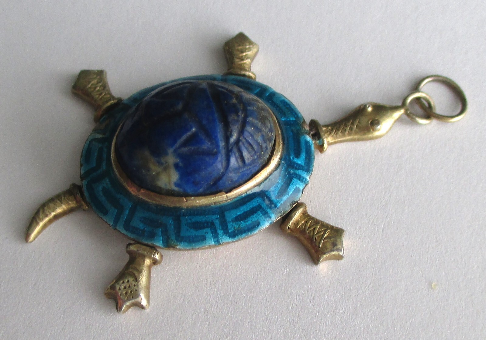 VINTAGE STERLING SILVER EGYPTIAN REVIVAL CARVED LAPIS SCARAB ARTICULATED TURTLE