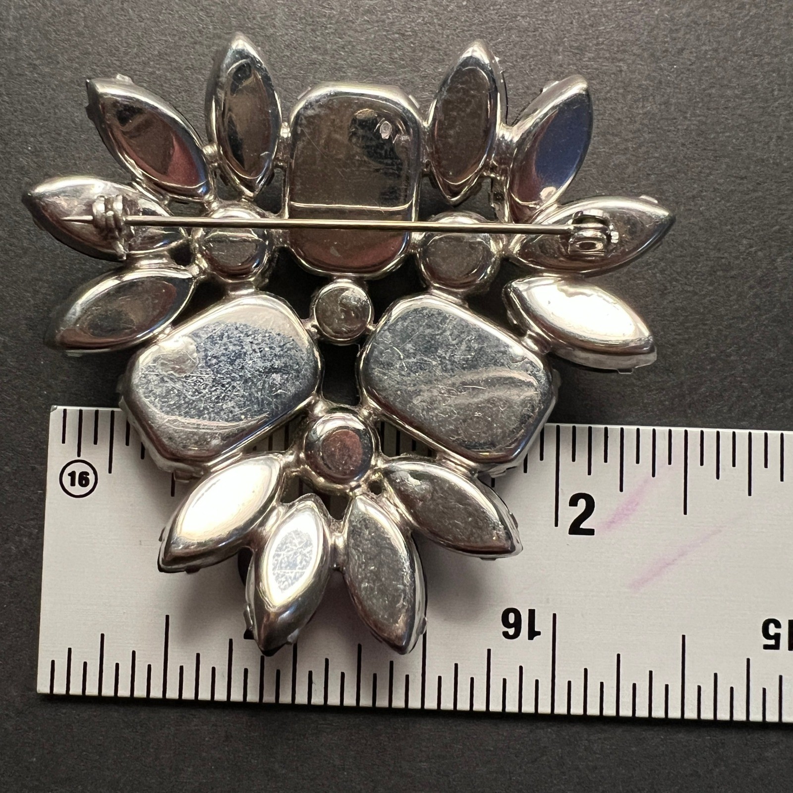 Vintage Rhinestone Brooch Black Crystal Domed Floral Spray
