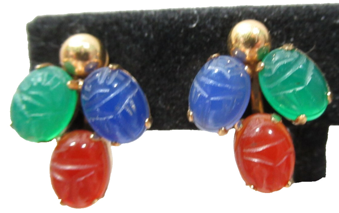 Scarab Van Dell Screw Back Earrings Vintage Gold Filled 1/20th 12K Gemstone