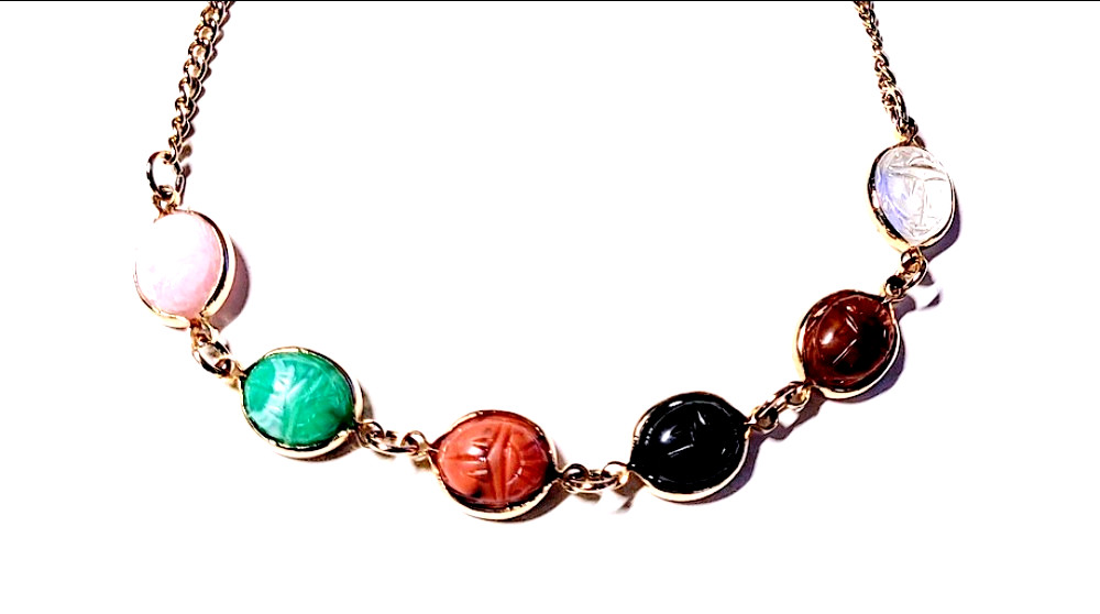 Vintage Gemstone Scarab Choker Necklace Gold Tone 14 1/4″ Long Very Good