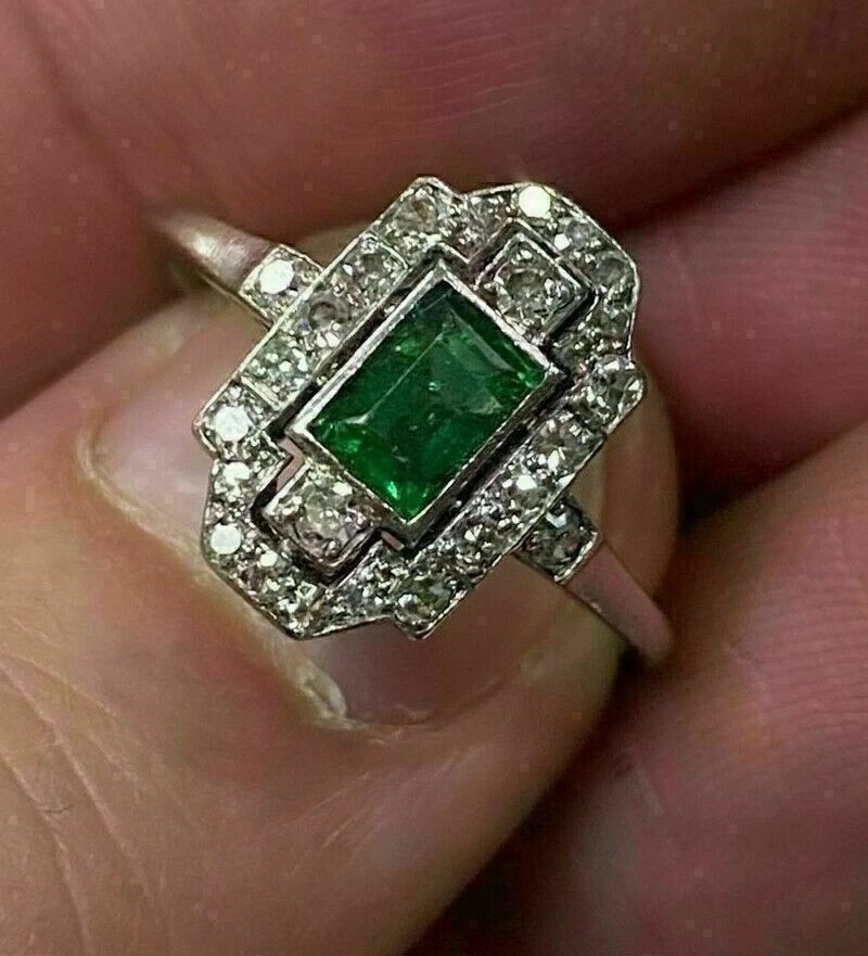 Art Deco Style Green Emerald & Lab Created Diamond 925 Silver Engagement Ring