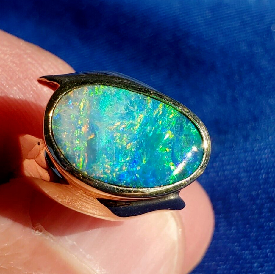Original EARTH MINED Black OPAL Deco Ring Designer Hand made SOLID 14K GOLD 6.25