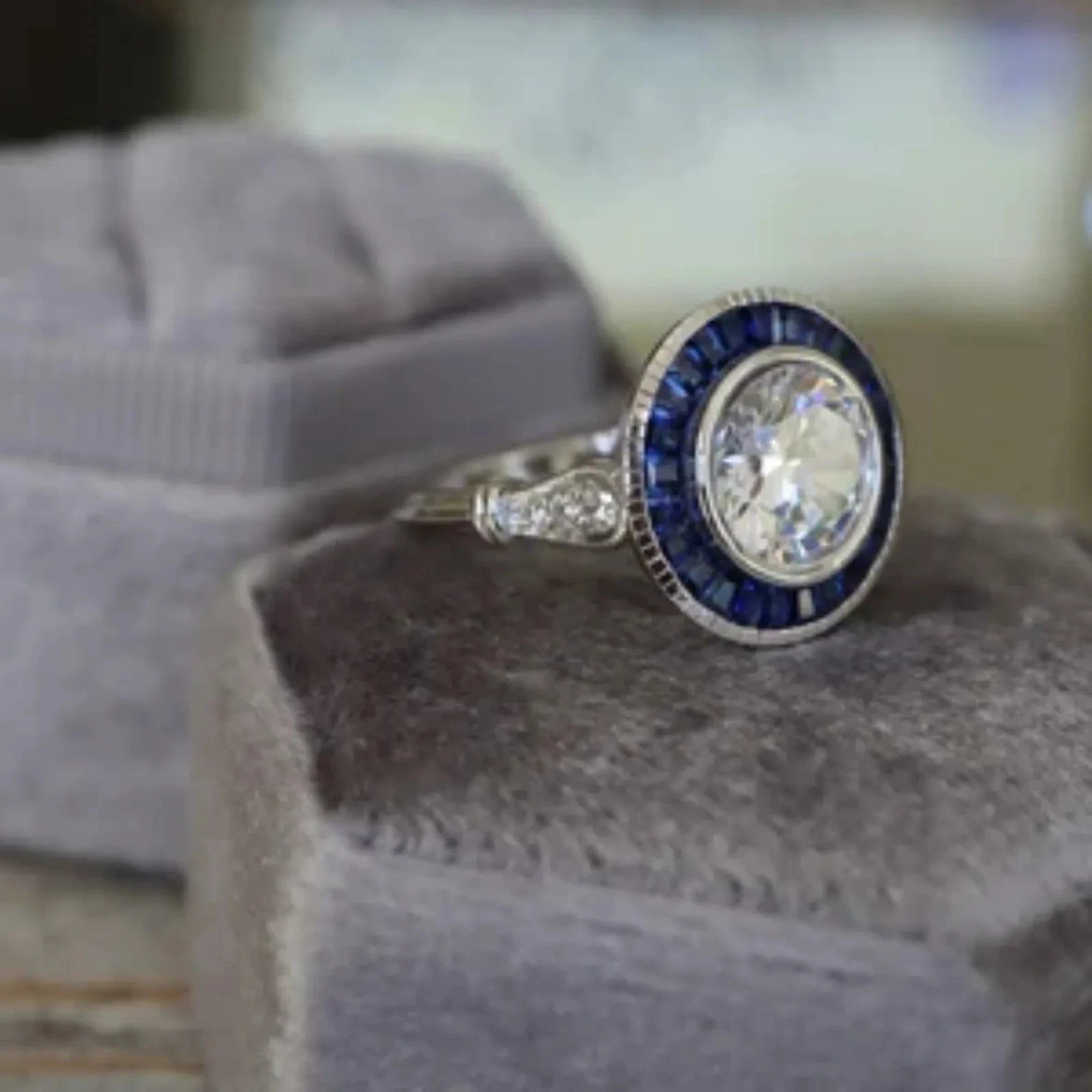 Art Deco Style Halo Lab Created Diamond Sapphire 14K White Gold FN Wedding Ring