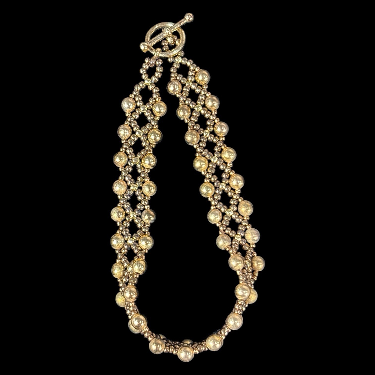 Vintage 2 Tone Gold Costume Chunky Wide Beaded Knot 18″ Necklace 7″ Bracelet Set