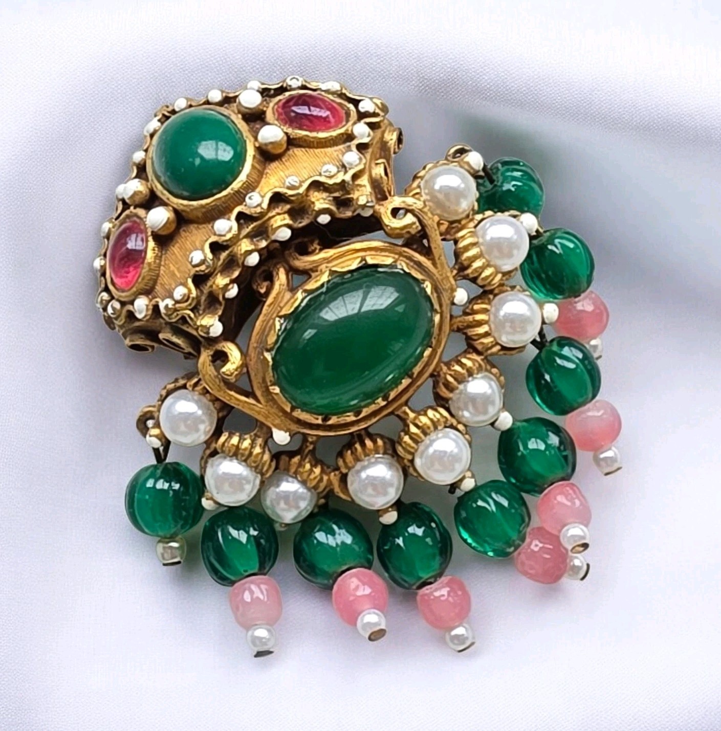 Vtg Signed KJL Jewels of India Mughal Crown Brooch Pendant Green Cabochon Rare