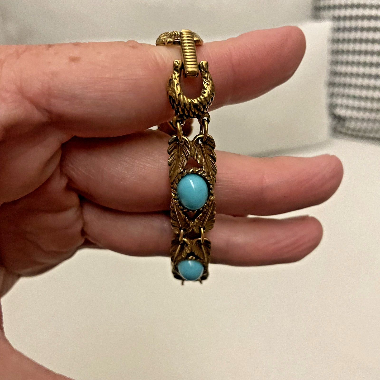 Vintage Goldette N.Y. Gold Tone Art Nouveau Bracelet w Faux Turquoise Cabochons