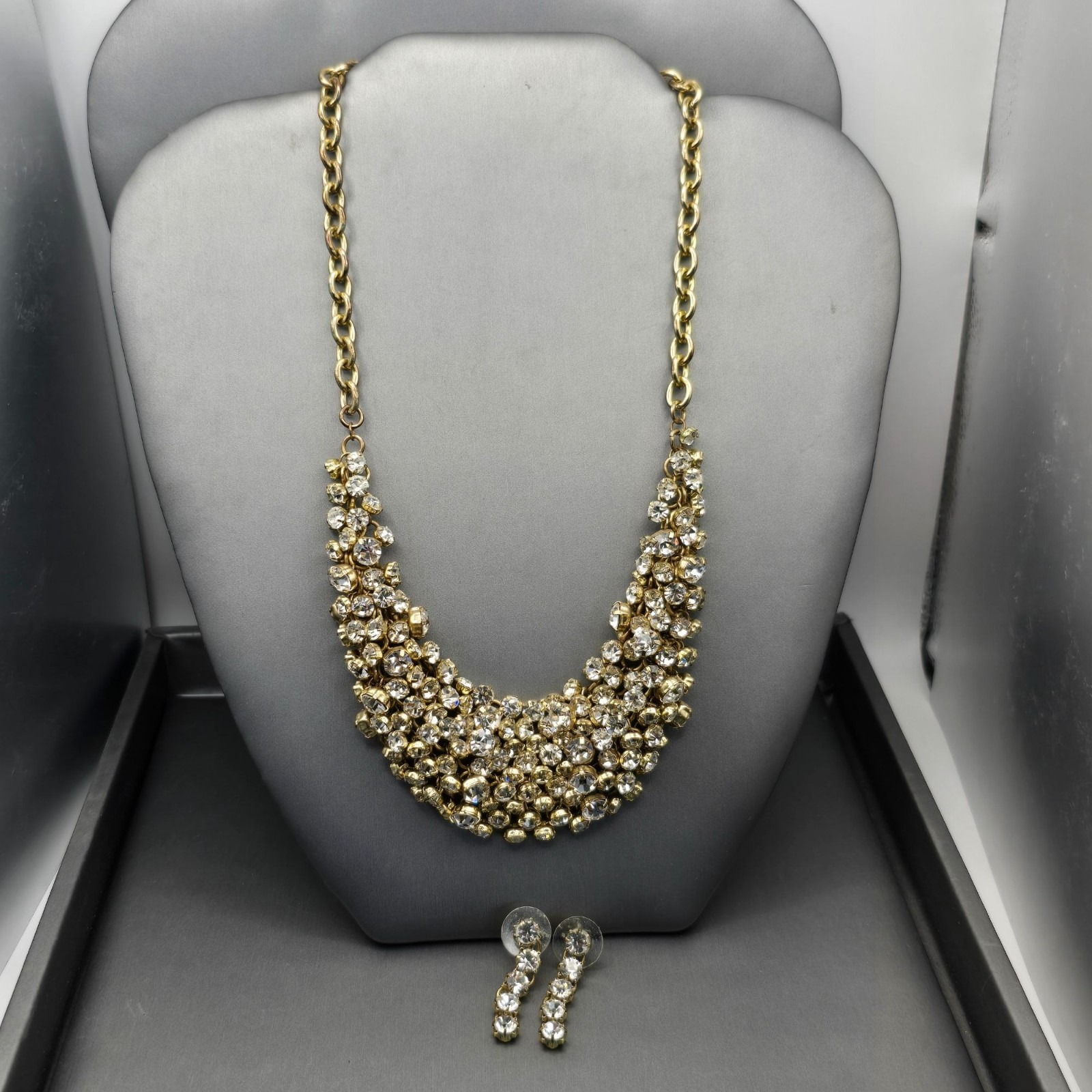 Gold-Tone Statement Necklace & Drop Earrings Set w/ Prong Set Clear Rhinestones