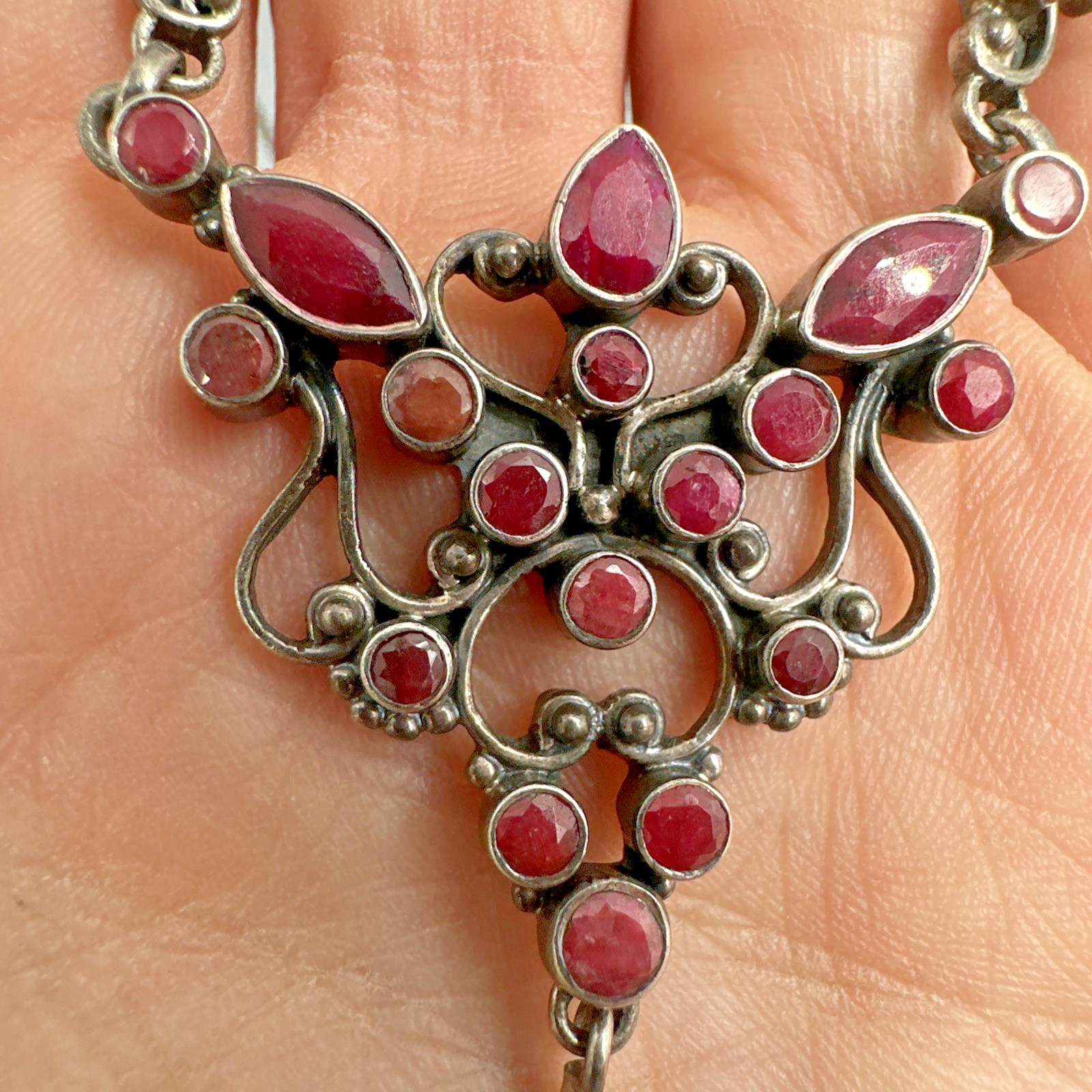 SLG Sterling Silver Necklace Natural Ruby Cluster Y Pendant 3″ Drop 18.5″ 21.60g