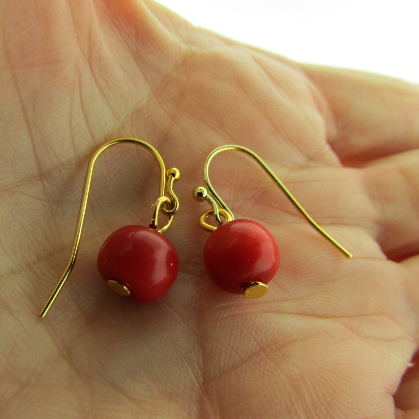 Vintage Genuine Red Coral Bead Dangle Earrings 925 Silver Plate 8mm .75 inch