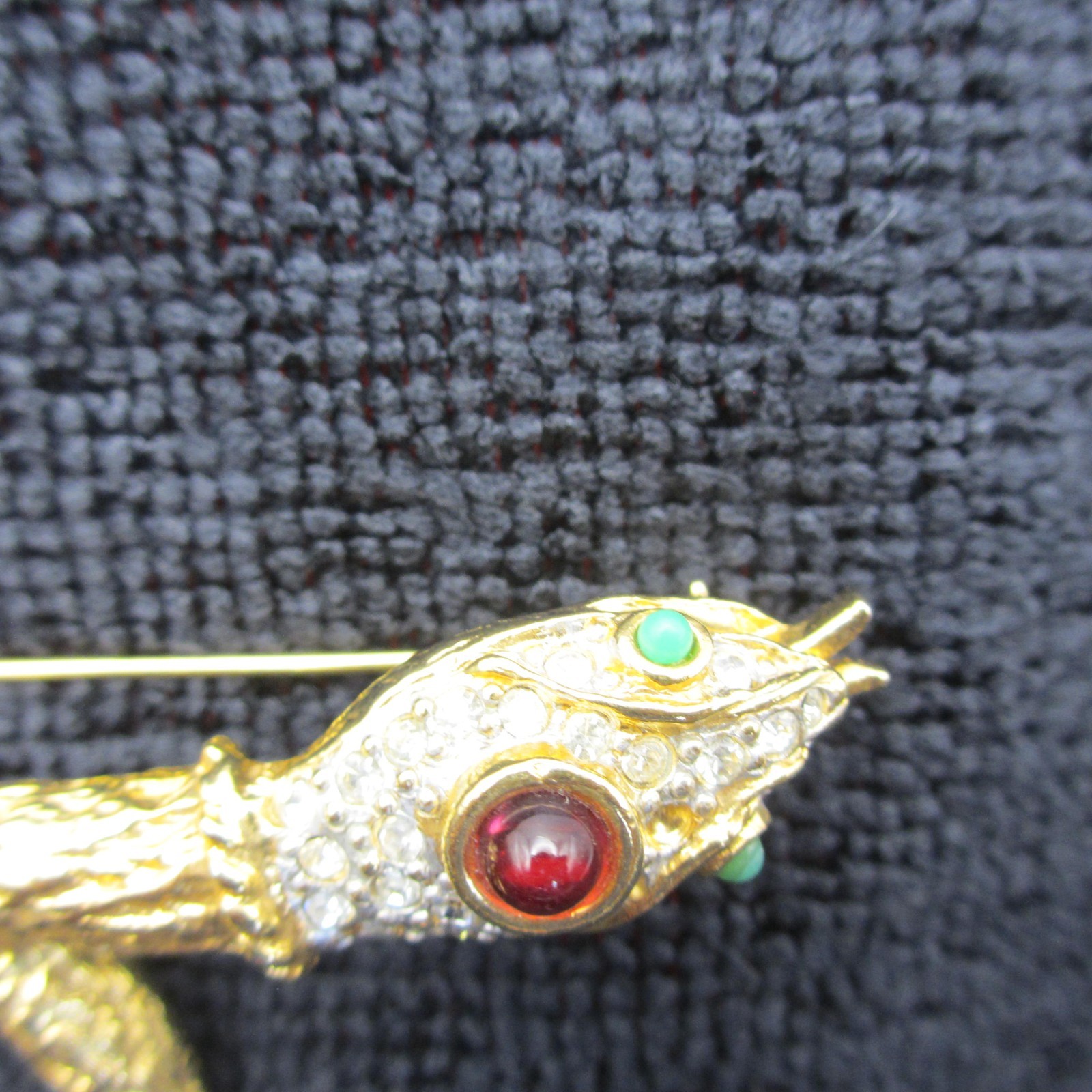Vintage Snake Brooch Rhinestone Coiled Serpent Gold Tone 2 MISSING RHINESTONES