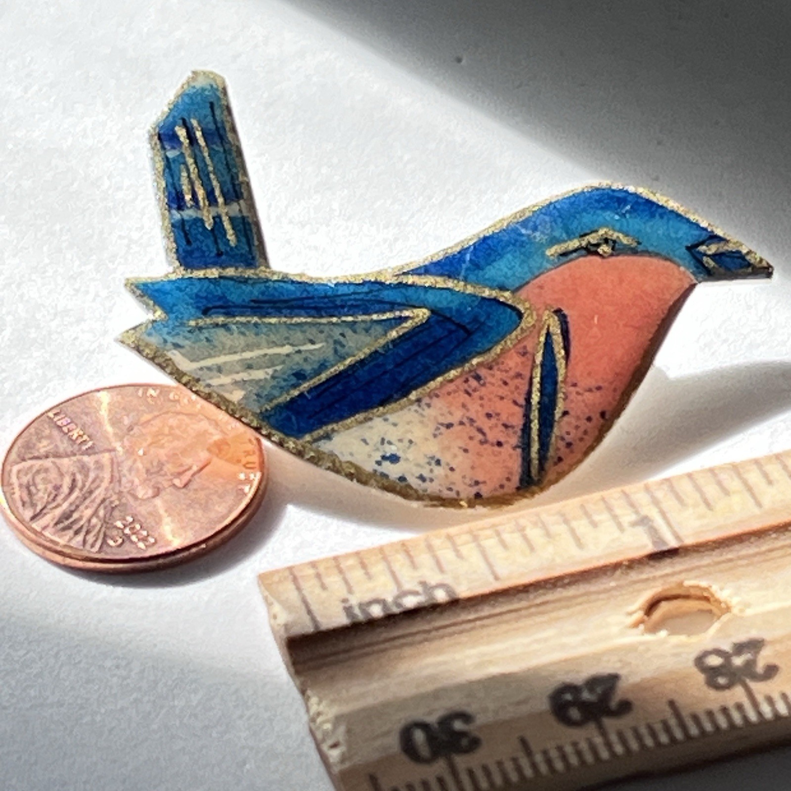 Vtg Enameled Acrylic Bluebird Brooch Signed Unreadable