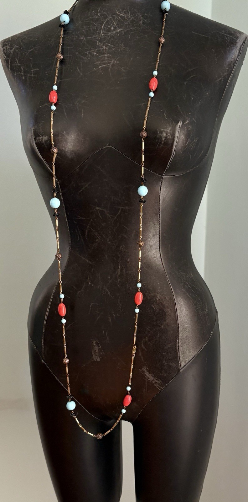 Art Deco Vintage Flapper Necklace Stationed Glass Bead Brass Bar Link Chain 62″