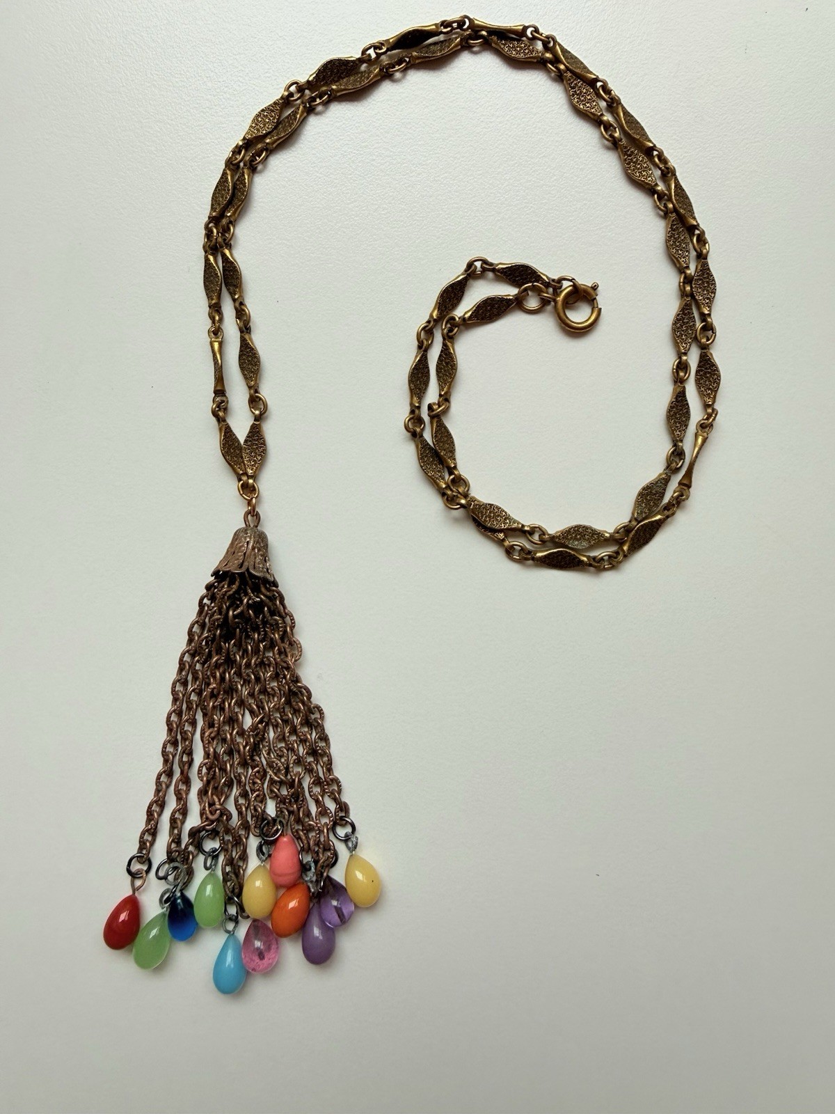 Vintage Multicolored Tear Drop Glass Bead Pendant on Gold Chain (3354)