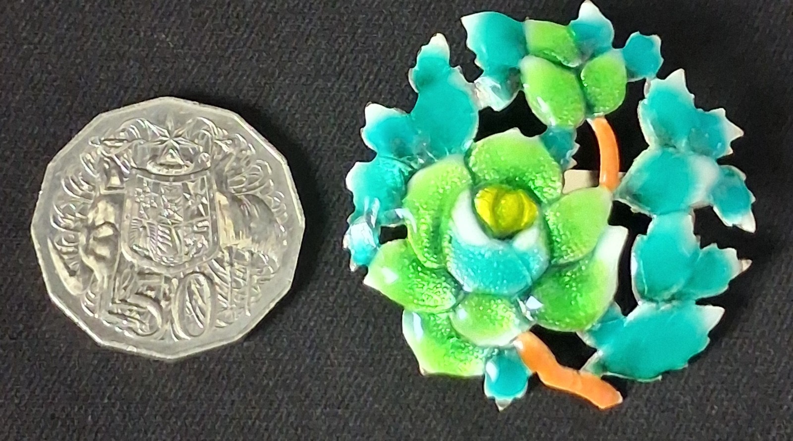 Vintage Silver Cloisonne Rose Brooch Green Blue Enamel Floral Pin