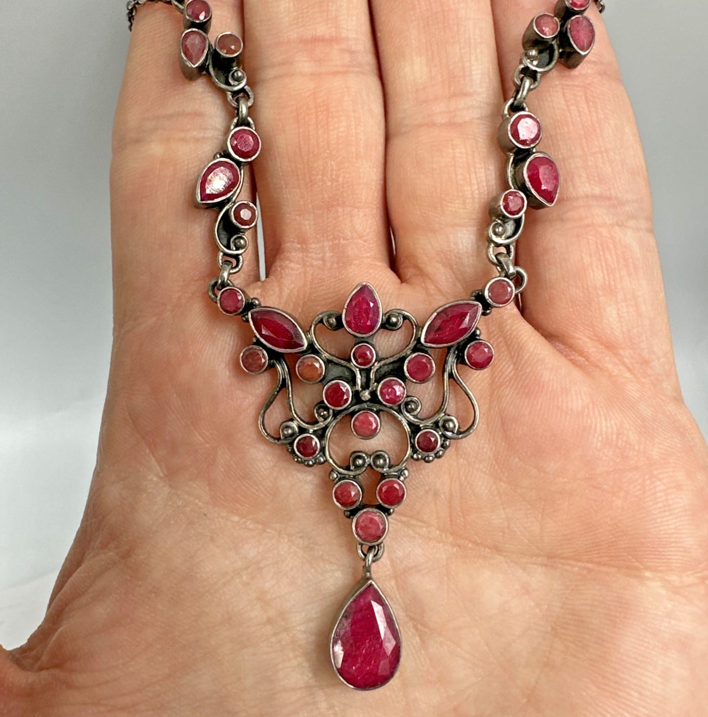 SLG Sterling Silver Necklace Natural Ruby Cluster Y Pendant 3″ Drop 18.5″ 21.60g