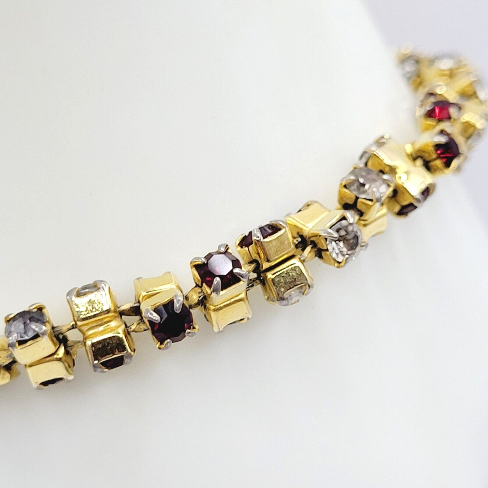 Unique Slightly Brutalist Style Gold Plated Bracelet Red White Rhinestone 7.5 In