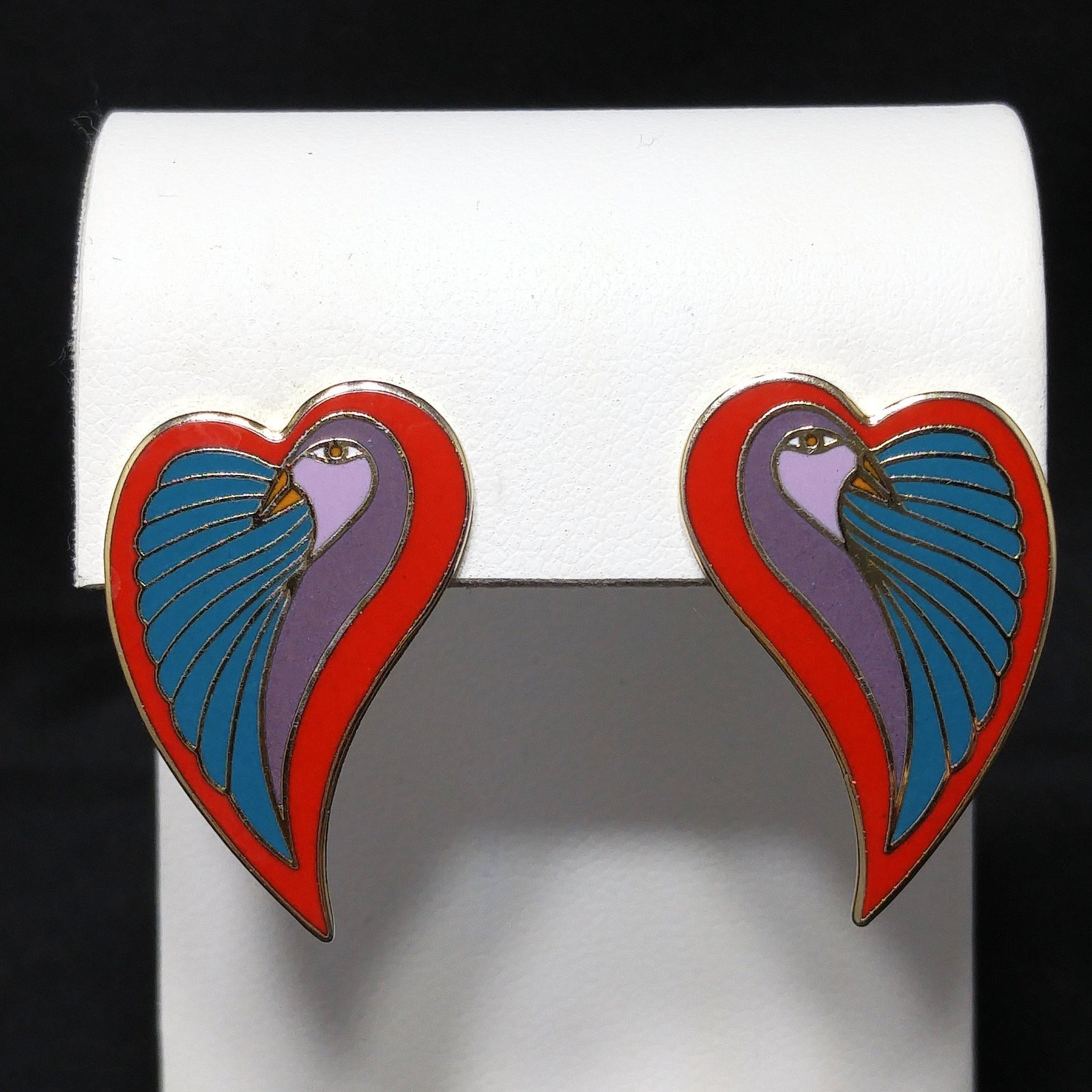 Laurel Burch “Dove Heart” Post Earrings, Gold Plated, 1980s Vintage Jewelry