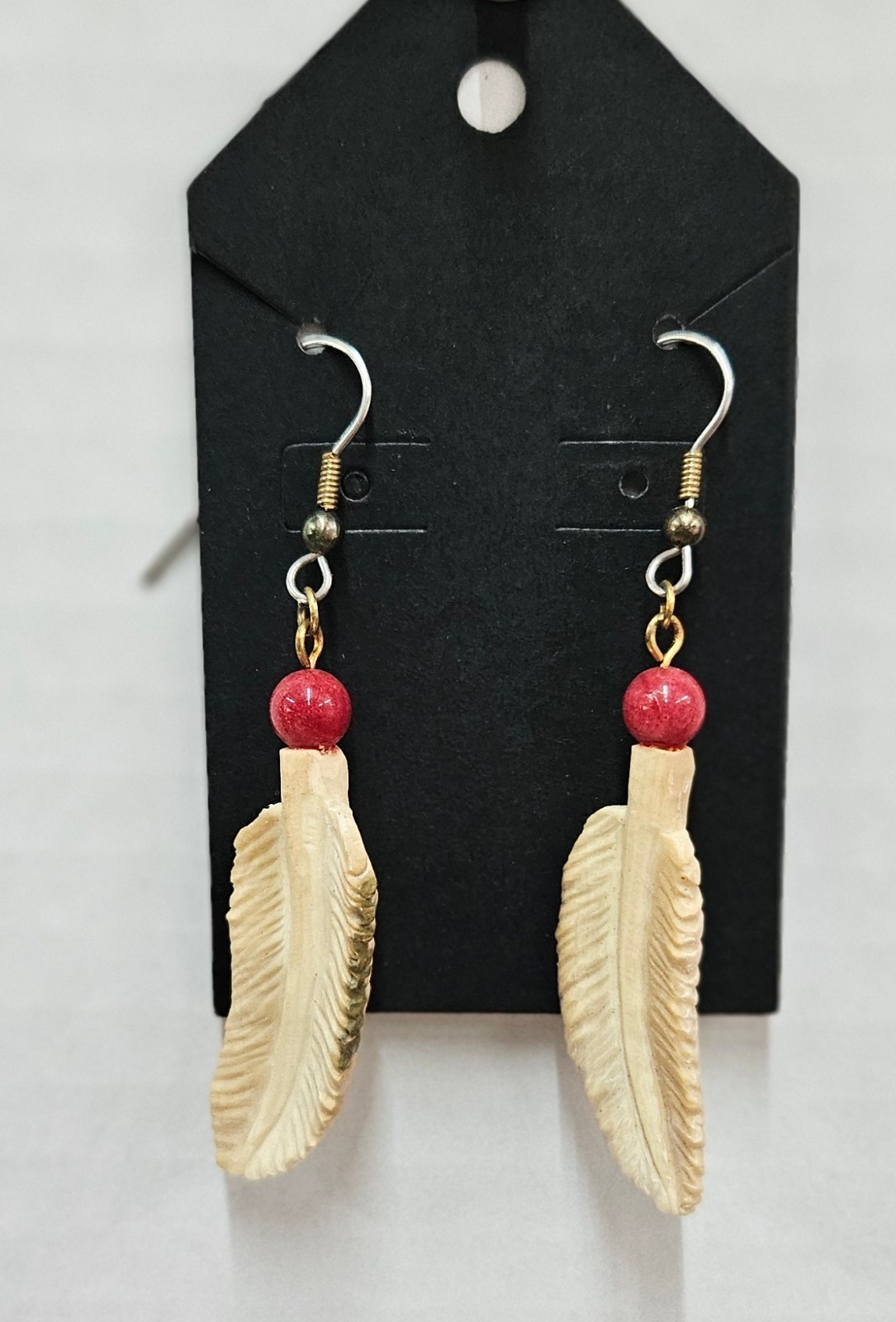 Vintage Carved Buffalo Bone Feathered Dangle Earrings