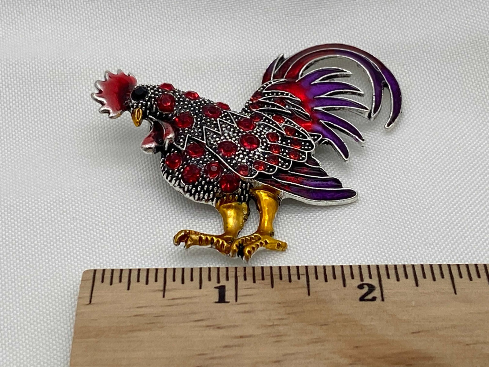 Silver Tone Purple & Rooster with Gold Tone Feet Fashion Pin 2.25