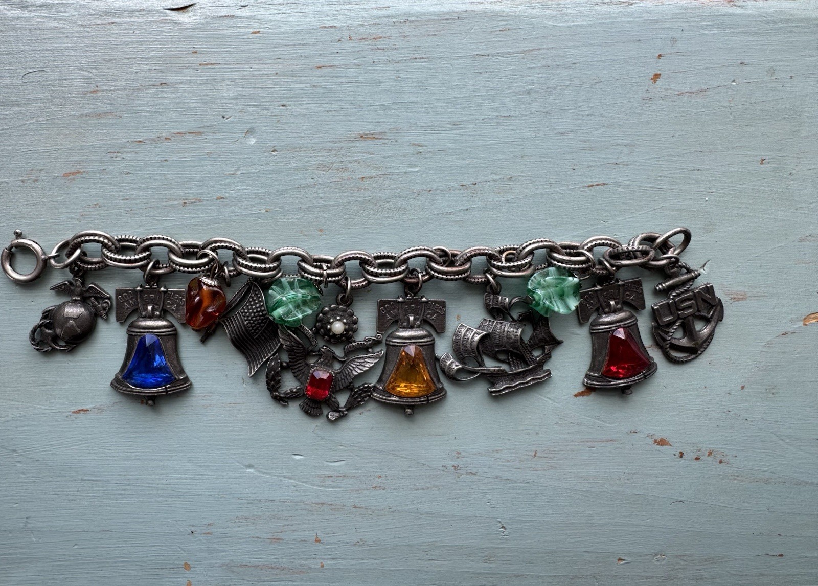 Vintage 1950s Silver Tone Chain Charm Bracelet Patriotic US Navy Liberty Bell