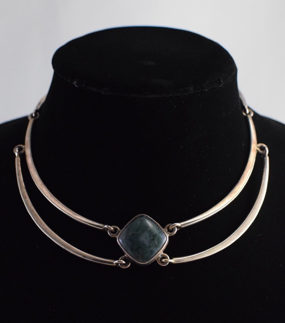VTG Artisan Modernist MCM Green Stone Linked 925 Sterling Silver Necklace 56g