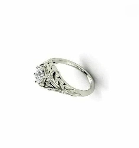 Vintage Art Deco Style Lab Created Diamond Engagement 14K White Gold Finish Ring
