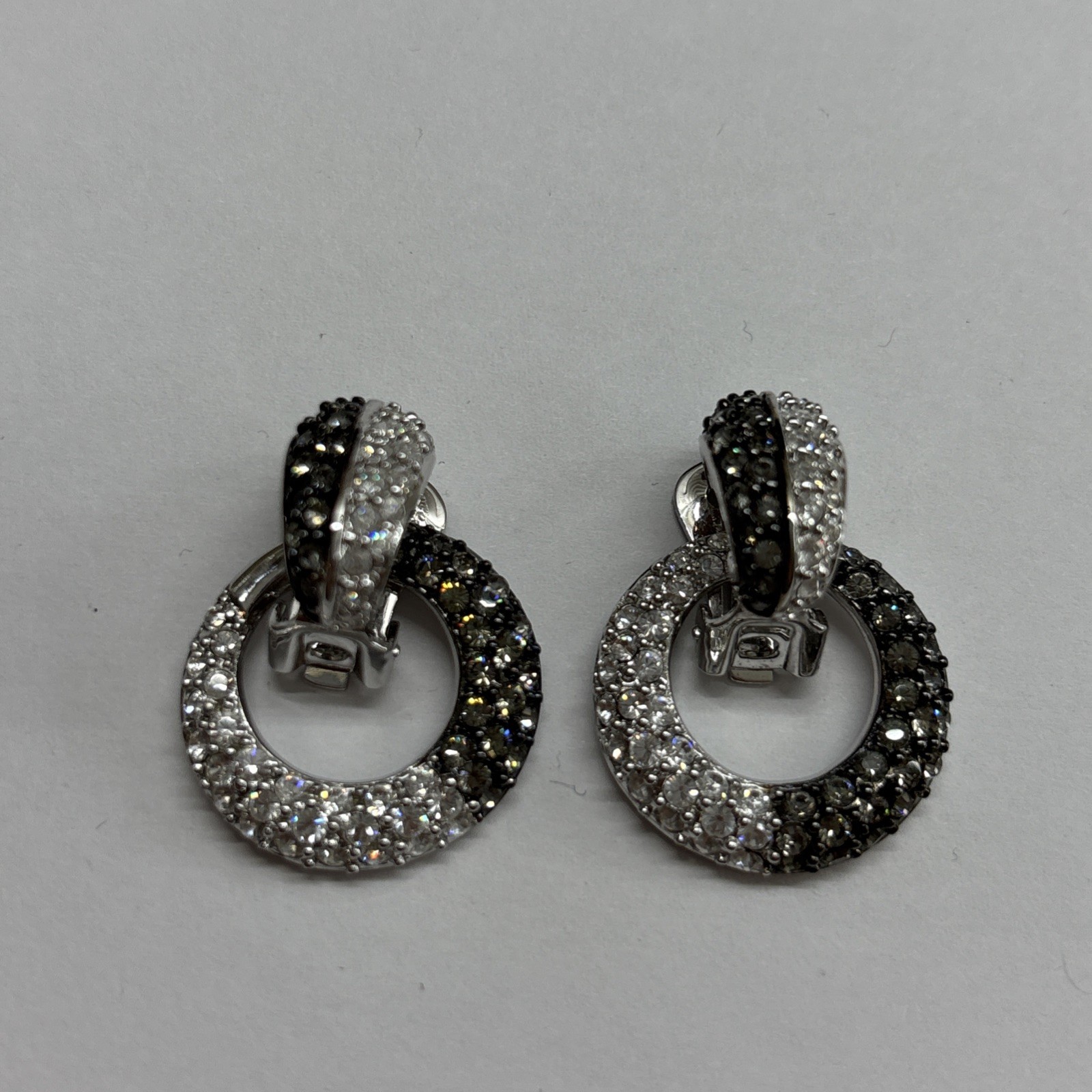 NOLAN MILLER Earrings Black/White Crystal Silver Tone Circle Drop, Clip/style