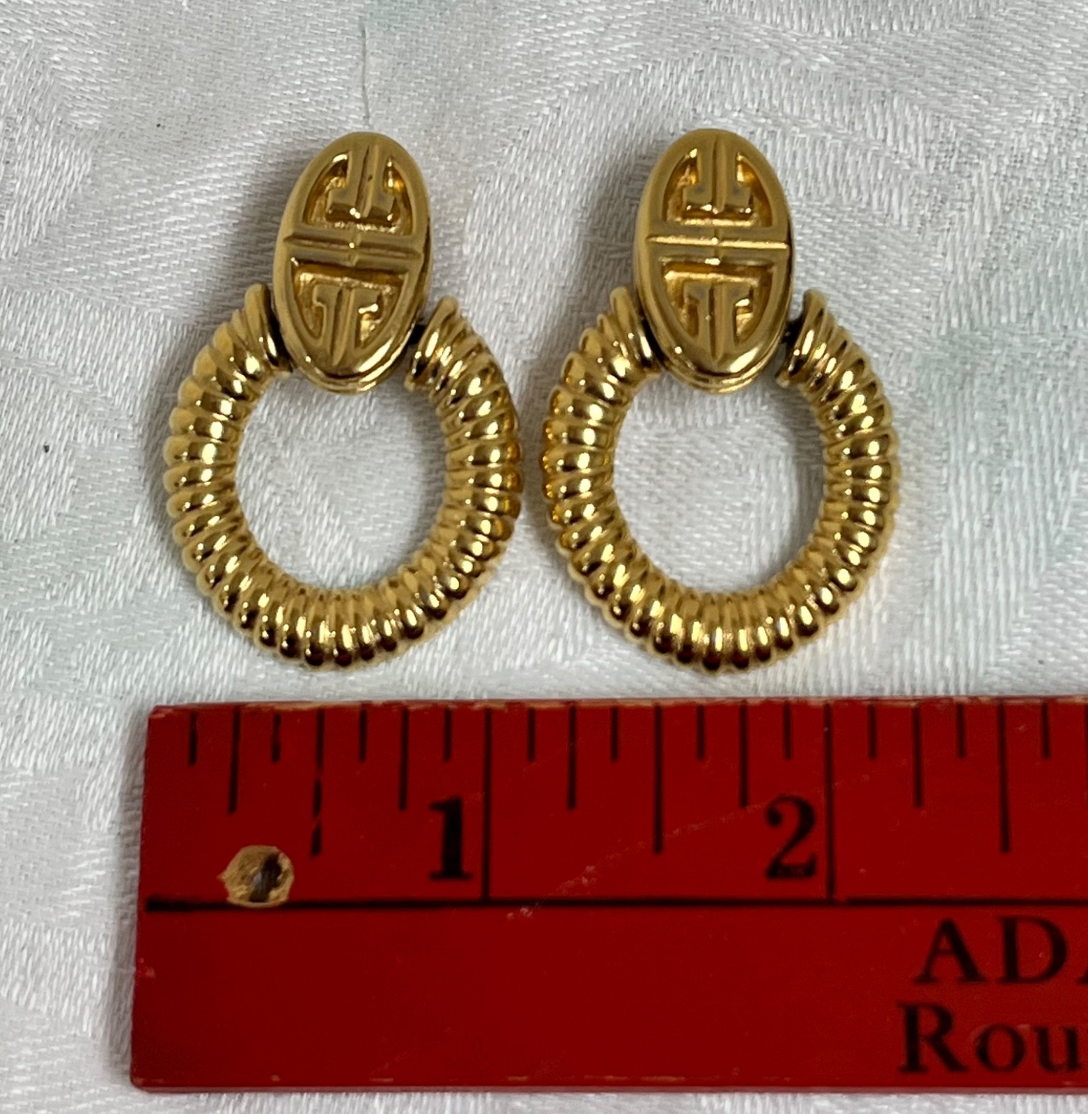 Vintage Givenchy LOGO Door Knocker Earrings Gold Plated Ribbed Clip 80s
